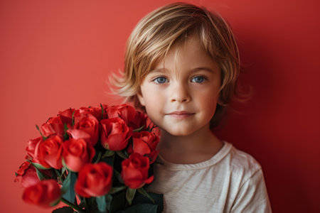 Adorable boy holding bouquet of red roses on red backgroundの素材