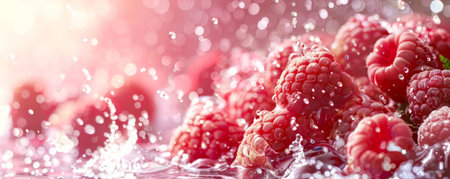 Fresh raspberries creating splashing water dropletsの素材