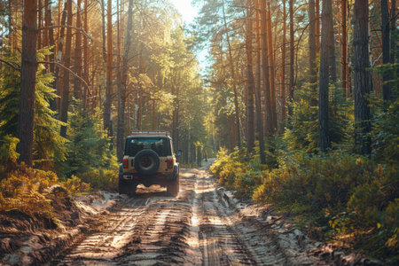 Black suv driving on muddy forest road at sunset.の素材