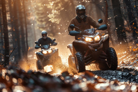 Two men riding atv quads in muddy forest at sunsetの素材