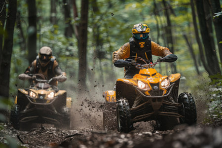 Two men riding atv quads in the forest on muddy road during a competitionの素材