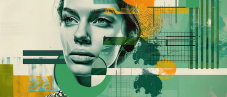 Beautiful woman posing with abstract green and yellow shapesの素材