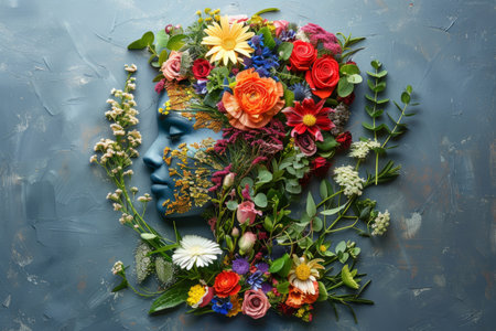 Blue female face with flowers representing mental health awarenessの素材