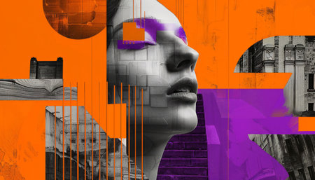 Woman posing with bold graphic shapes and city buildingsの素材