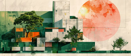 Modern architecture collage showing concrete building with trees and large sunの素材