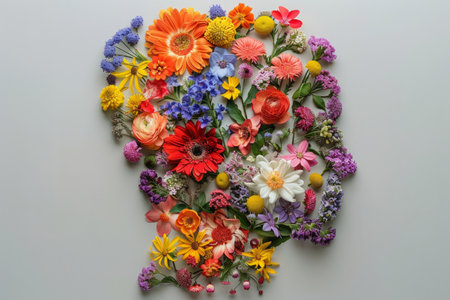Colorful flower arrangement forming a woman face profileの素材