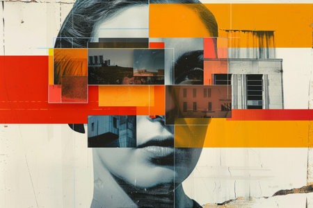 Woman face covered by modern architecture and industrial photos in collage styleの素材