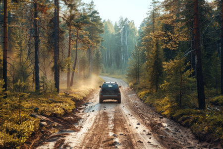 Red off road vehicle covered in mud driving through forestの素材