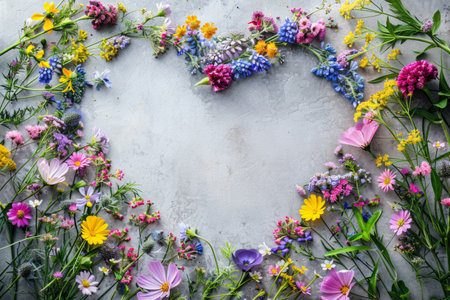 Heart shaped frame made of summer flowers. Copy space for textの素材