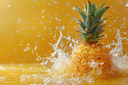 Ripe pineapple splashing into water on yellow backgroundの素材