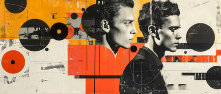 Two businessmen looking in opposite directions on abstract backgroundの素材