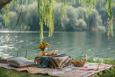 Romantic picnic setup waiting on the shore of a lake on a sunny dayの素材