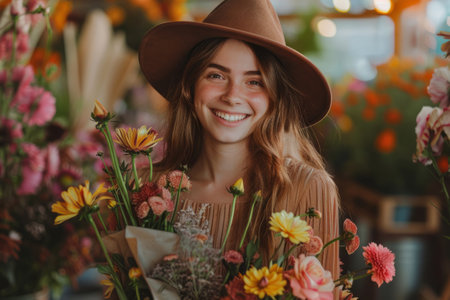 Beautiful young woman smiling with flowers outdoorsの素材