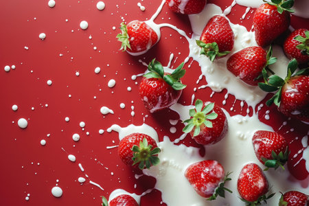 Fresh strawberries covered in milk splashing on red backgroundの素材