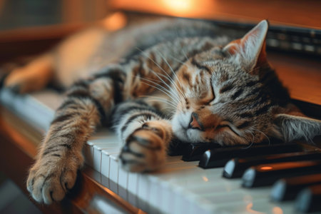 Tabby cat sleeping on piano keysの素材