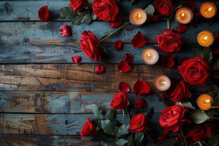 Red roses and burning candles creating romantic atmosphere on wooden tableの素材