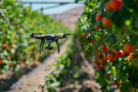 Drone flying over green plantation at sunset: innovation in agricultureの素材