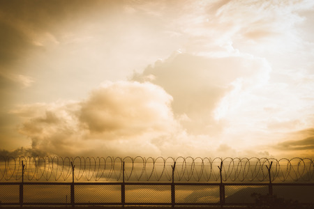 barbed wire fence at sunsetの写真素材