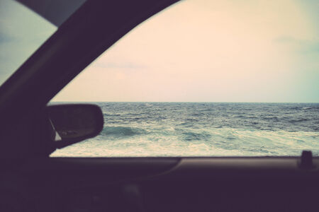 road trip car sea retro vintageの写真素材