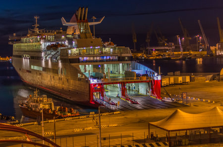 Ferry transport boat docked in Italyの写真素材