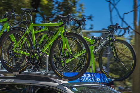 Adelaide Australia January 24 2016 The Santos Tour Down Under pro team bikes cars follow the race at the same speedsのeditorial素材