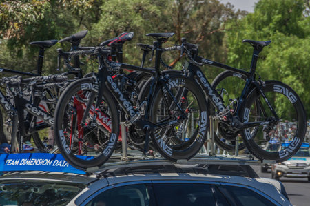 Adelaide Australia January 24 2016 The Santos Tour Down Under pro team bikes cars follow the race at...