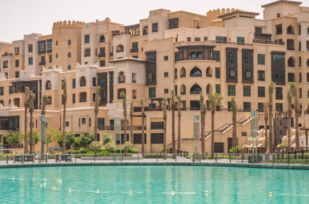 Dubai United Arab Emirates 13 May 2014 Beautiful  Buildings and lake at the Dubai Mall in the global city  of UAEのeditorial素材