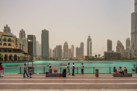 Dubai United Arab Emirates 13 May 2014 Beautiful  Buildings and lake at the Dubai Mall in the global city  of UAEのeditorial素材