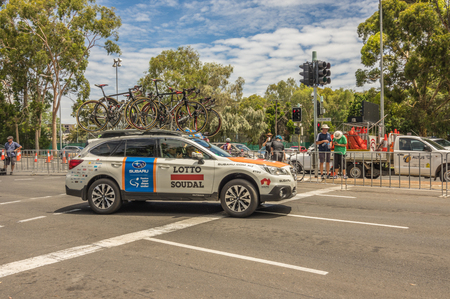 Adelaide South Australia 22 January 2017 The Tour Down Under races around the street circuit of central Adelaide and is serviced by the professional team cars following the racers closely behind.のeditorial素材