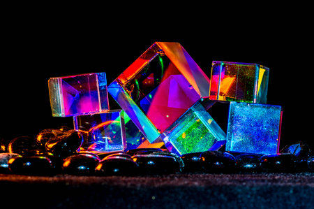 Abstract Cubes concept relecting bright prism colors in unique backgroundの写真素材