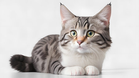 Cute tabby cat facing the camera white background closeupの素材