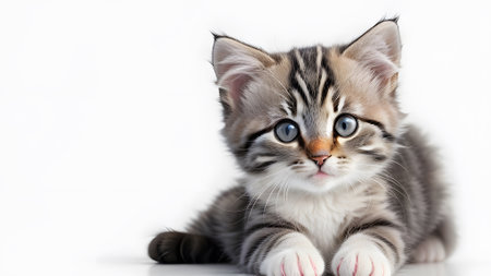 Cute tabby cat Kitten facing the camera white background closeup ai generatedの素材
