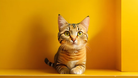 Cute tabby cat facing the camera yellow background closeupの素材