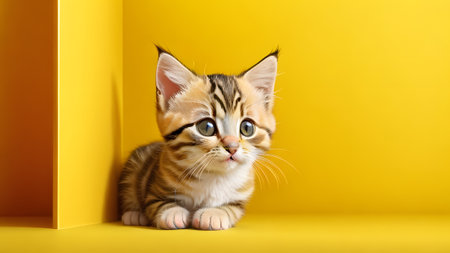 Cute tabby cat Kitten facing the camera yellow background closeupの素材