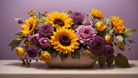 yellow purple sunflower potted purple backgroundの素材