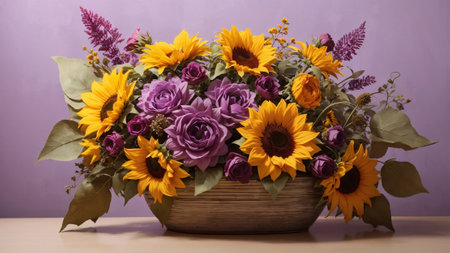 yellow purple sunflower potted purple backgroundの素材