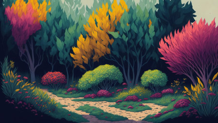Autumn forest landscape with trees and bushes, Colorful vector illustrationの素材