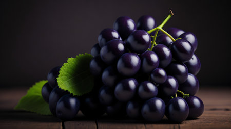 Bunch of fresh black grapes with leaves on wooden table, Black backgroundの素材