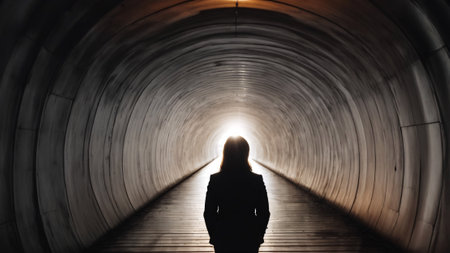 Silhouette of a woman in a tunnel with light at the endの素材