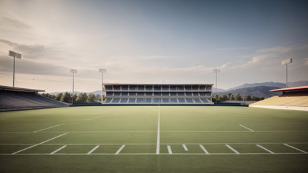 Football stadium with grass field and blue sky background, Vintage toneの素材