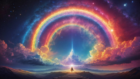 A person standing, top of steps, mountain, rainbow nebula, light, spirituality, hope, faith, surpassの素材