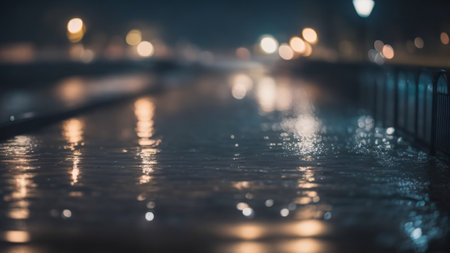 Flooded road, rainy night, city lights, bokehの素材