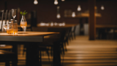 Blurred background of a bar in a restaurant with wooden tables and chairsの素材