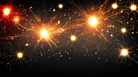 Sparkling red and yellow sparkling fireworks with black background celebration conceptの素材