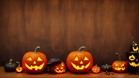 Halloween pumpkin lantern, dark wood panel background, festive atmosphere, scaryの素材