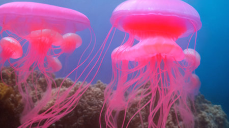 Luminous pink jellyfish of the deep sea, clear waterの素材