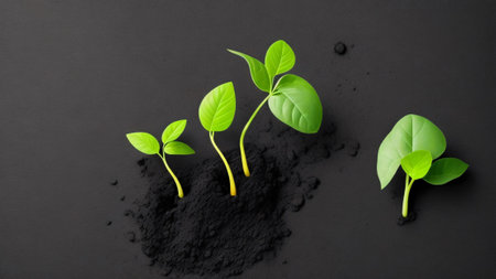 Green shoots grow on dried black mud, environmental protection conceptの素材