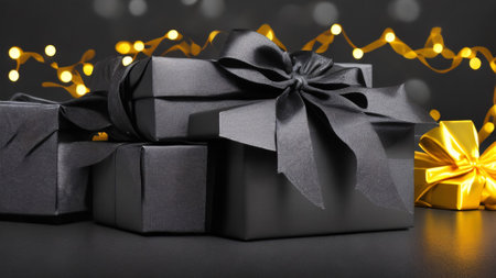 Black and gold ribbon and black gift box, luxury and mysteryの素材