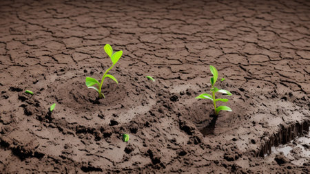 Green shoots grow on dried coffee-colored mud, environmental protection conceptの素材