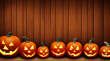 Halloween pumpkin lantern, dark wood panel background, festive atmosphere, scaryの素材